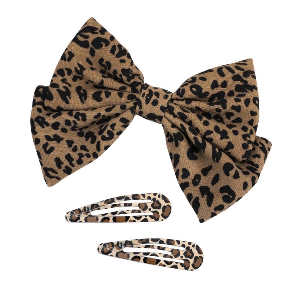 Leopard Print Hair Bow Barrette With 2 Leopard Hair Clips